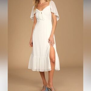 LULUS White Swiss Dot Short Cape Sleeve Midi Dress - new with tags